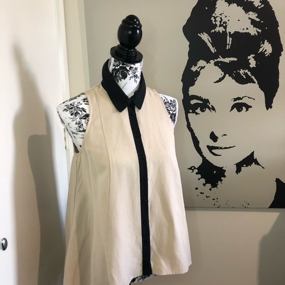 CUE Size 8 Coffee/Black Trim Linen-Blend Sleeveless Pleated Fit&Flare Swing Top - Picture 4 of 16